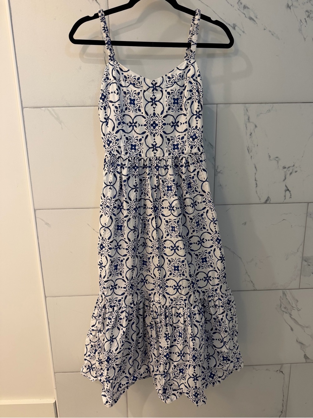 J. Crew White and Navy Tile-Print Spaghetti-Strap Dress